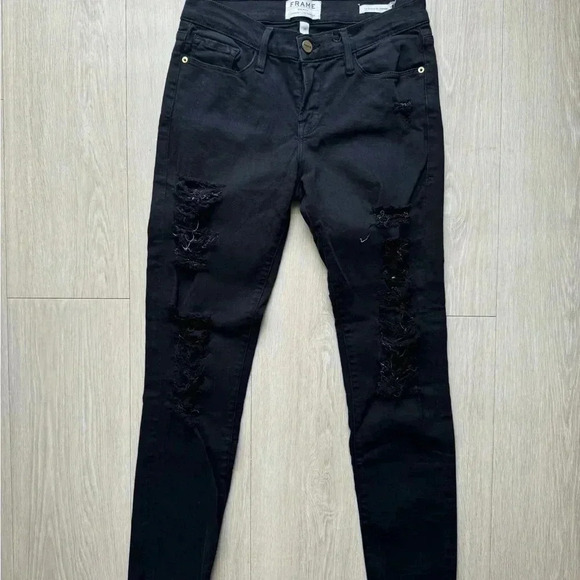 Frame Denim Jeans Women's Le Skinny de Jeanne Distress Made In USA Black - Picture 3 of 8